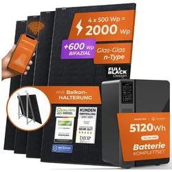 Solarway® All In One Balkonkraftwerk mit Speicher 2000W komplett Steckdose - 5,1 kWh Marstek Jupiter E Speicher - Solaranlage Komplettset - 500W bifaziale Solarmodule & Marstek Speicher