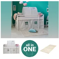 Homestyle4u Hochbett 90 x 200 cm Kiefer massiv weiß grau