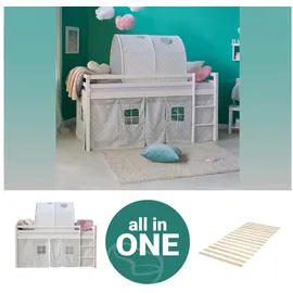 Homestyle4u Hochbett 90 x 200 cm Kiefer massiv weiß grau