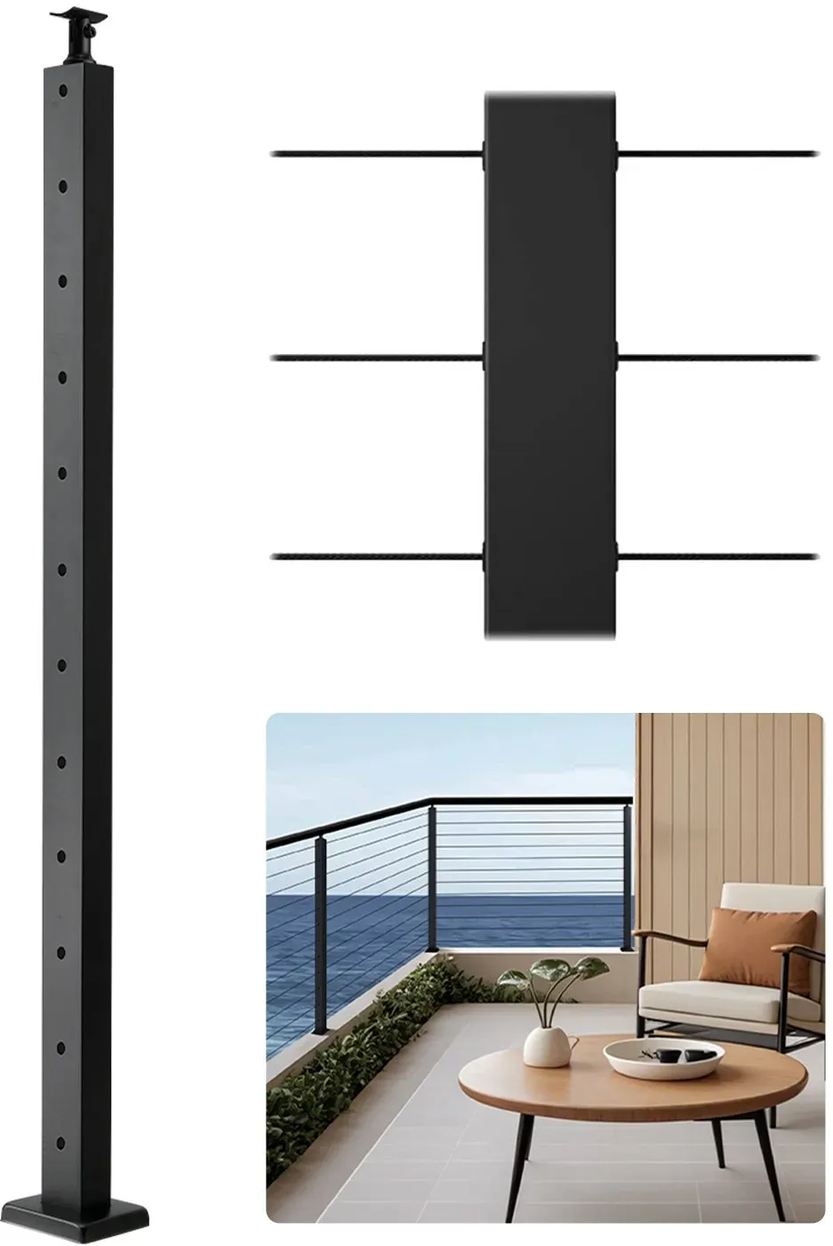 VEVOR Kabel-Treppengeländerpfosten, 106,7x2,5x5 cm Geländerpfosten, ebener Treppengeländerpfosten, 1 Packung, vorgebohrte Pfosten mit Montagehalterung, Schwarz, 1JZLGZXHS1063GGTD001V0