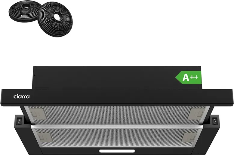 CIARRA 60 cm Unterbau-Flachschirmhaube, leistungsstarke Dunstabzugshaube 370 m3/h, Schwarz, Energieklasse A++