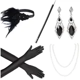 Asudaro 1920s Flapper Set Frau Gatsby Kostümzubehör Feder Stirnband Halskette Kopfschmuck Handschuhe Ohrringe Zigarettenhalter 20er Jahre Halloween Motto Party Retro Kostüm AccessoiresSet-1 Schwarz