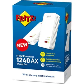 AVM Fritz!Powerline 1240 AX WLAN Set Edition International Extender Kit für Stromnetz bis zu 1.200 Mbit/s, Integriertes WLAN bis 600 Mbit/s, Mesh, Access Point, Schnittstelle auf Italienisch