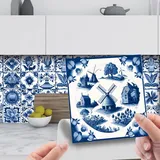 Fliesenaufkleber 15x15 cm Blaue Blume Windmühle Mosaikfliesen Wasserfest Klebefliesen Fliesenaufkleber Küche Möbel Deko Küchenrückwand Folie Fliesenaufkleber Bad 24 Stück