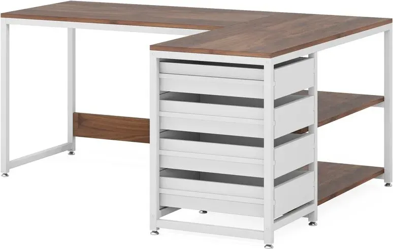 LANTINE Schreibtisch mit 4 Schubladen, L-förmiger Computertisch mit 2 Ablagen, Wendbarer Eckschreibtisch für Büro, Arbeitszimmer, Wohnzimmer, 150*110 x 75 cm (Walnuss & Weiß)