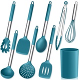 Herogo Küchenhelfer Set, 9 Stück Silikon Kochutensilien Kochbesteck Set mit Utensilienhalter, Blau Küchenutensilien Pfannenwender Set mit Edelstahlgriff, Hitzebeständiger & Antihaft