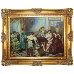 Casa Padrino Barock Ölgemälde Damen Musizieren Mehrfarbig / Gold 160 x 10 x H. 130 cm - Handgemaltes Gemälde mit prunkvollem Rahmen im Barockstil - Barock Deko Accessoires