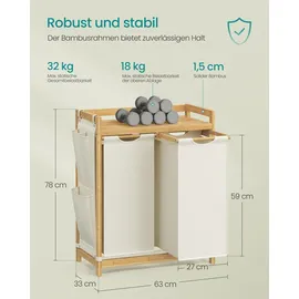 Songmics Wäschekorb 2 Fächer, Bambus, Wäschesammler 100 L, mit Ablage - Weiß