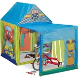 Relaxdays Spielzelt Autowerkstatt, mit Anbau, Kinderzelt groß, drinnen & draußen, Krabbelzelt, HBT: 109x146x75 cm, bunt, Blau, Grün, Gelb