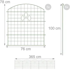 Relaxdays Teichzaun, 5 Zaunelemente, je H x B: 78 x 76 cm, zum Stecken, aus Metall, für Garten, Pool, Beetzaun, grün