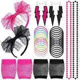 Kulannder 80er Jahre Party Kostüm Damen 1980s Accessoires Set Damen Neon Armband Ohrringe Fischnetz Handschuhe Neo Kunststoff Halskette lace 80s Lace Stirnband für Retro Fashion