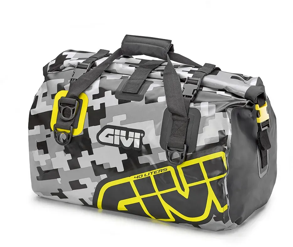 GIVI Easy-T Waterproof - Gepäckrolle mit Tragegurt 40 L graues Camouflage-Design, neongelber Schriftzug