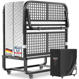 KESSER Gästebett 200x90cm Klappbett faltbares Reisebett mit Metallrahmen für Erwachsene (Metall Bett inkl. Matratze aus Memory-Schaum, Räder & Schutzhülle) Mobiles Bett belastbar bis 250kg mit abnehmbarem Bezug weiß