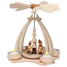 Dekohelden24 Pyramide aus Buchenholz mit Winterfütterung, für 4 Teelichte geeignet, L/B/H ca. 18 x 14 x 24 cm.