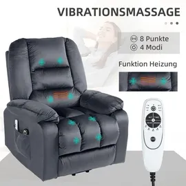 Homcom Fernsehsessel mit Aufstehhilfe Elektrisch, Relaxsessel mit Liegefunktion, Heizfunktion, Massagesessel mit Taschenfederkern-System, Seitentasche, Grau