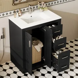 Okwish Waschtischunterschrank 3 Schubladen 76 x 85 x 46,5 cm Schwarz