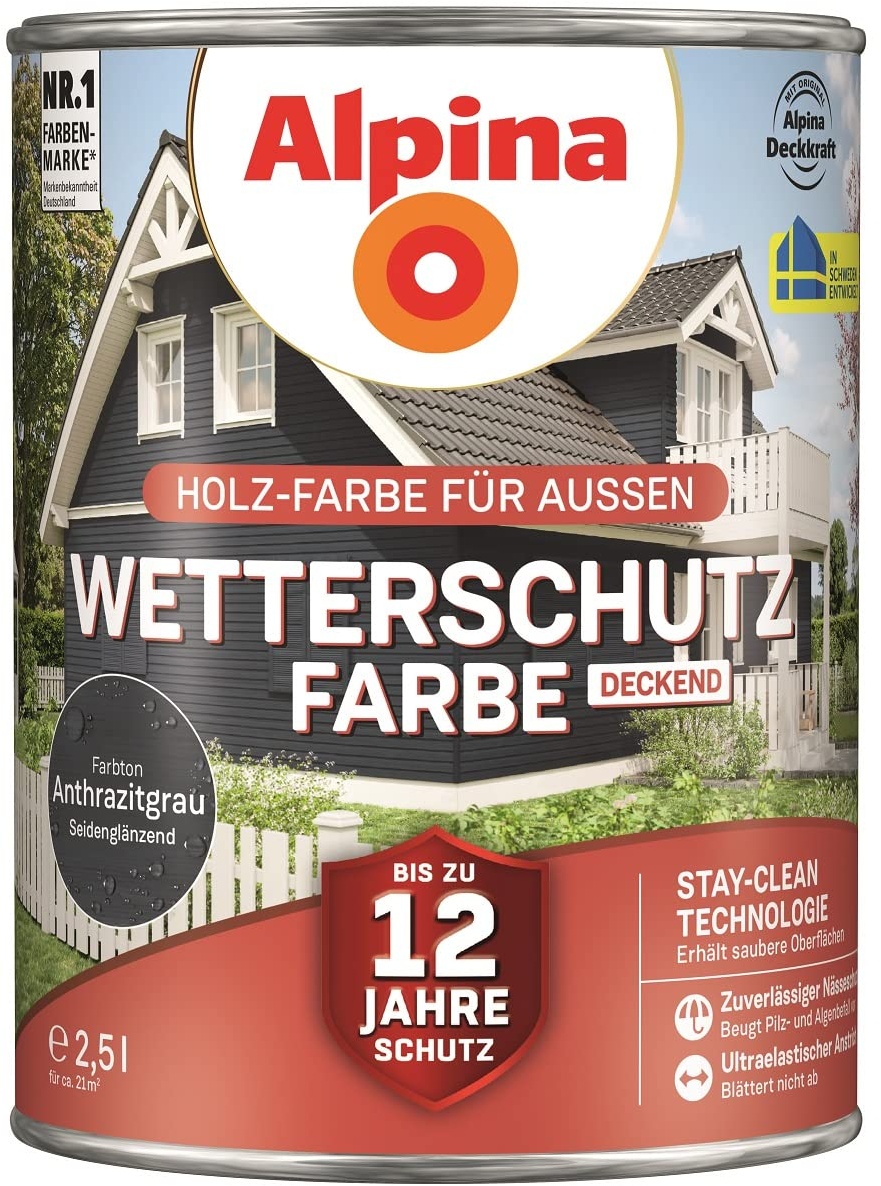 Alpina Holz-Wetterschutz-Farben – Anthtrazitgrau, deckend – bis zu 12 Jahre Schutz vor Witterung und Nässe – schmutzabweisend, deckend & ergiebig – 2,5 Liter