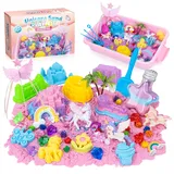 snookids Einhorn Sandspielzeug Set, Zaubersand mit Natürlichem Bienenwachs 690g, Spielsand 24 Sandformen, 3 Einhorn, Sandmuschel mit Deckel, Sensorische Weihnachtsgeschenke für Kind ab 3 4 5 6 7 8 9+