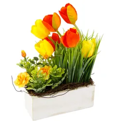 Gestecke MY HOME "Tulpen Wildrosen und Gras", gelb (gelb, orange), B:18cm H:26cm L:10cm, Kunstpflanzen, Im Topf, aus Holz, Blumendeko