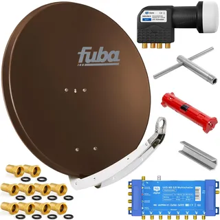 Fuba 8 Teilnehmer Digital SAT Anlage 85cm Schüssel DAA850B Braun + hb-digital UHD 414 S Quattro LNB 0,1dB HDTV 4K + UHD-MS 5/8 Multischalter + Aufdreh-Set + 24 vergoldete F-Stecker Gratis dazu