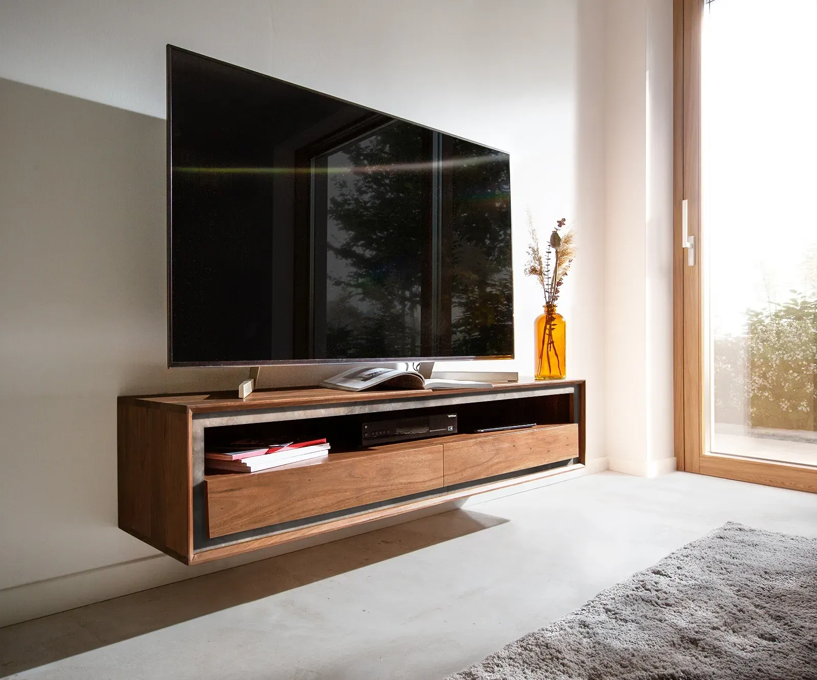 DELIFE Meuble-TV Stonegrace 145 cm acacia marron placage pierre 2 tiroirs 1 compartiment suspendu, Meubles-TV