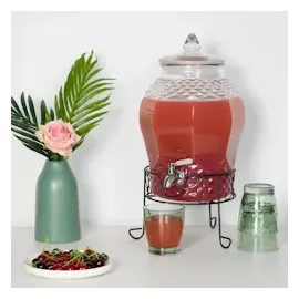 Relaxdays Getränkespender mit Ständer, Limobehälter 8L, Edelstahl Zapfhahn & Deckel, Wasserspender, Glas, transparent