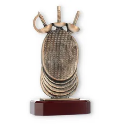 Pokal Zamakfigur Fechten altgold auf mahagonifarbenen Holzsockel 24,7cm