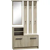 ADGO Garderobe Set Flur Sonoma Eiche Kompaktgarderobe, Flurgarderoben Set Modern, Garderobe Set, Kleiderschränke, Spiegel und Kleiderbügel und Schuhschrank, 6 Kleiderbügel für Kleidung und Mäntel