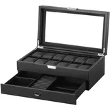 DRAIGERWAY Uhrenbox mit 2 Ebenen,Uhrenbox Schmuck Uhr Aufbewahrungsbox mit Glasdeckel, Uhrenkasten schmuckkästchen Uhrenkoffer 12 Fächer und 1 Schublade für Uhren, Ringe, Armbänder (Kohlefaser-W60B)