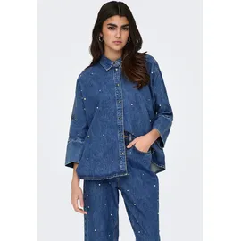 Only Jeansbluse "ONLGRACE 3/4 RHINESTONE MB DNM SHIRTNOOS", Damen, Gr. L, blau (medium blau denim), Web, Obermaterial: 100% Baumwolle, unifarben, oversize, Blusen Jeansbluse, mit Strasssteinen