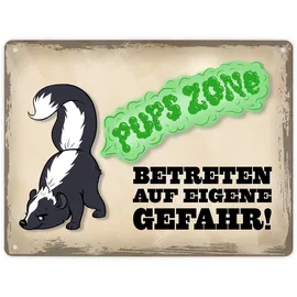speecheese Pupszone Betreten auf eigene Gefahr Metallschild mit süßem Comic-Stinktier lustiges Toilettenschild als Warnung vor streng riechenden Gasen