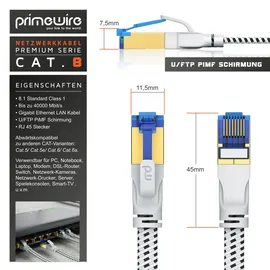 Primewire Flachbandpatchkabel CAT 8 mit Baumwollummantelung - Gigabit Ethernet LAN Kabel - 40 Gbit/s - S/FTP PIMF Schirmung - Netzwerkkabel - 3m
