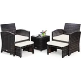 Goplus 5 tlg. Rattanmoebel, Poly Rattan Gartenmoebel, Lounge Set aus 1 Tisch & 2 Stühlen & 2 Ottomanen, Kissen mit Abnehmbarem & Waschbarem Bezug Beige