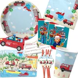 100-tlg. FEUERWEHR PARTY SET für Kindergeburtstag mit 6-8 Kinder: Teller, Becher, Servietten, Einladungen, Partytüten, Papier-Trinkhalme, Platzsets, Luftballons uvm | Motto Deko Partygeschirr Kinderfest