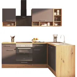 Winkelküche RESPEKTA "Hilde, wechselseitig aufbaubar", grau (front: grau matt, korpus: wildeiche nachbildung, arbeitsplatte: wildeiche nachbildung), B:220cm H:205cm T:172cm, Komplettküchen-Sets, Breite 220 cm, wechselseitig aufbaubar