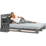 Lermowood Palettenbett 140 x 200 cm mit Kopfteil Grau Holzbett Massivholzbett Bett aus Paletten Seniorenbett Kinderbett Jugendbett - Grau