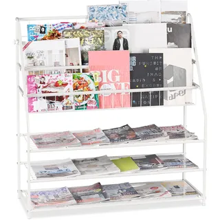 Relaxdays Zeitschriftenregal, HBT: 96 x 37 cm, Metall, freistehend, Zeitschriftenständer für Wohnzimmer, weiß