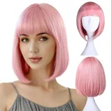 ZXTGBQ Kurze Rosa Perücke mit Pony Damen Pink for Women Täglich Kostüm Party Cosplay, Natural Synthetic Hair Wig Länge Rosa Bob Perrücke für Cosplay, Anime, Karneval & Täglichen Gebrauch