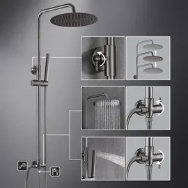 Görbach JOHO Edelstahl Duschset ohne Armatur, Regendusche Duschsystem mit Duschkopf, Duschstange, Duschschlauch, Kopfbrause D20cm Gunmetal Grau