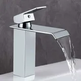 Waschbecken-Wasserhahn, moderner Wasserfall-Waschtisch-Wasserhahn aus verchromtem Messing, Keramikventil, abgeflachtes rechteckiges Design für 30 %