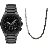 Armani Exchange Herren Schwarze Edelstahl-Uhr und Silber-Ton Halskette, Set