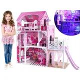 Coil Holzpuppenhaus, großes Spielzeugset mit Möbeln und Zubehör, Rutsche, Aufzug, ideal für Mädchen und Jungen