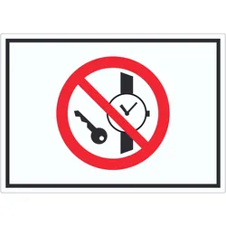 Mitführen von Metallteilen und Uhren verboten Symbol Aufkleber A8 (52x74mm)