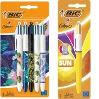 BIC Kugelschreiber 4 Colours, Dekor Botantik -verschiedene Designs, 5er Pack, Ideal für das Büro & 949898 4 Colours Sun 4-Farb-Druckkugelschreiber (1 mm Blister À) 1 Stück
