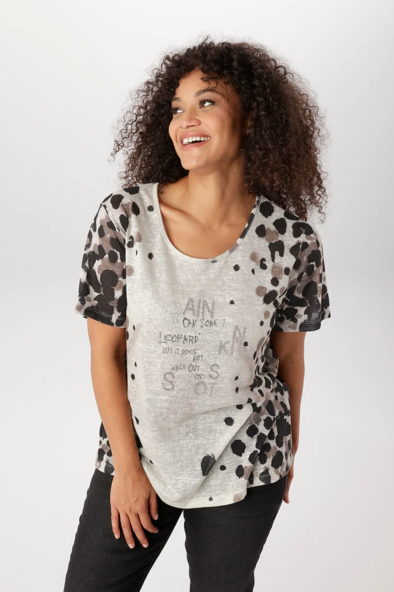 T-Shirt ANISTON PLUS, Damen, Gr. 52, grau (natur, bedruckt), Web, Obermaterial: 100% Polyester, gemustert, figurumspielend hüftbedeckend, Rundhals, Shirts T-Shirt, in Leinenoptik - NEUE KOLLEKTION