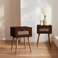 Sweeek 2er-Set Nachttische mit Holzlook und Rohrgeflecht