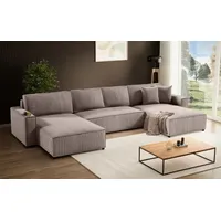 beautysofa Ecksofa Parys U Eckcouch mit Schlaffunktion und Bettkasten U-form Polsterecke aus Cord-Bezug 390 cm Ecke u-förmig, Farbe: Cappucino, Poso 02 - Hellbraun