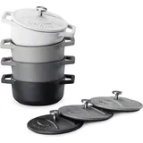 Navaris Mini Cocotte Set - 4X Gusseisen Mini Topf Schwarz Weiß - Optimale Wärme Distribution - Mini Auflaufform mit Deckel - Kleine Dessert Töpfe - Auflaufförmchen backofenfest