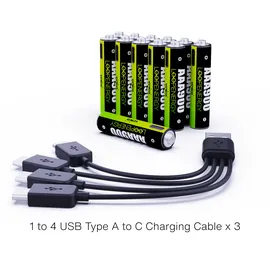 Verico LoopEnergy AAA - Wiederaufladbare USB-C Batterie AAA 1,5V 900mWh 600mAh Li-Ion, USB-C, 12er Pack AAA, 3 Stück Kabel USB-A auf 4 x USB