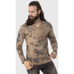 T-Shirt CIPO & BAXX "Sweatshirts", Herren, Gr. M, braun, 100% Baumwolle, meliert, casual, regular fit, V-Ausschnitt, Langarm, Shirts, im Batik-Design
